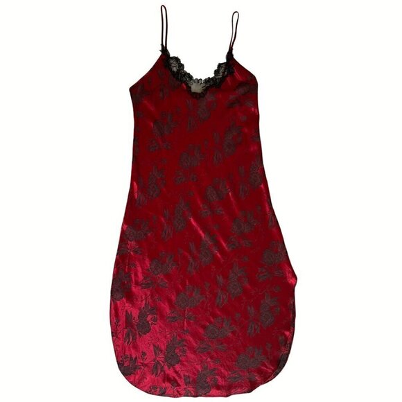 90's Red with Black Floral Print Lace Trimmed Maxi Slip Dress - Picture 2 of 6